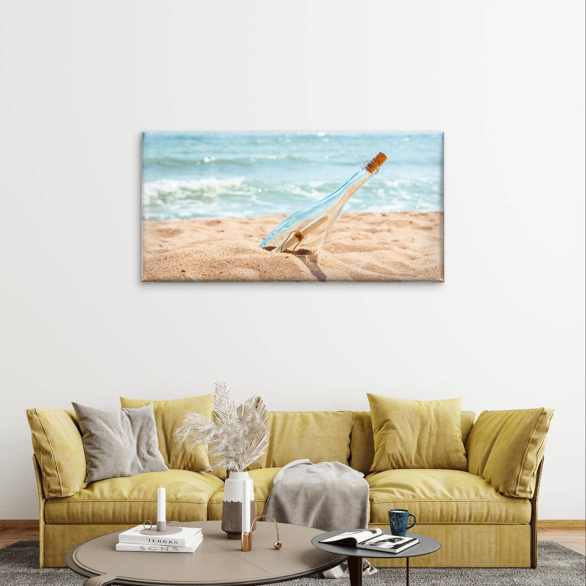 Message In Bottle Beach Sandy Shore Wall Art Canvas Office Home Framed 120x60cm