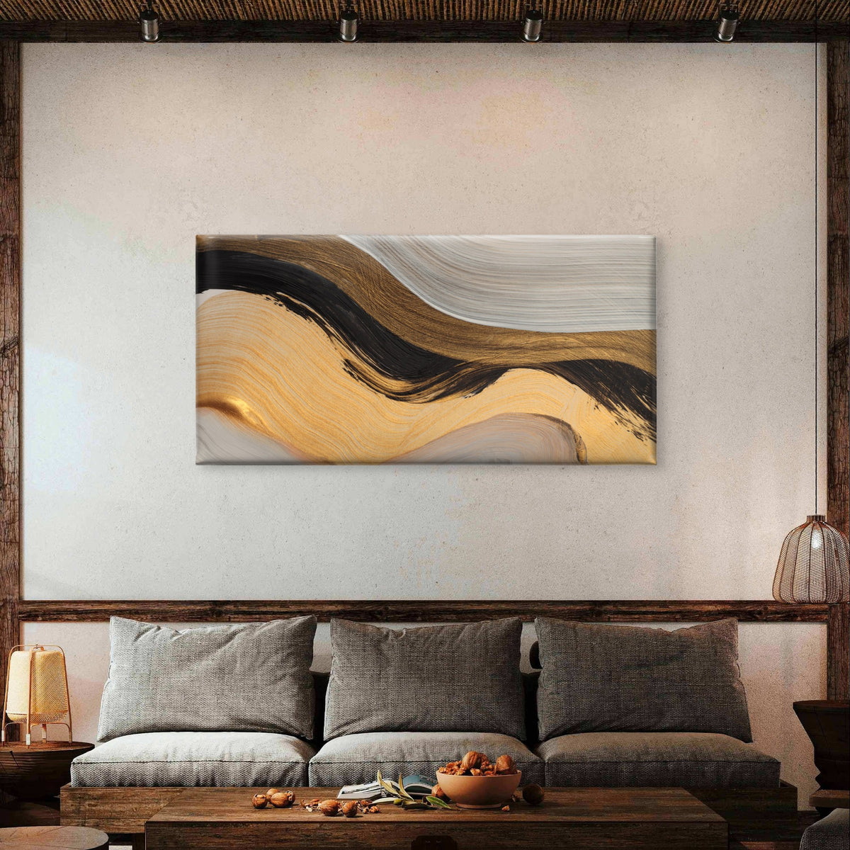 Modern Beige Gold Abstract Wave Wall Art Canvas Office Home Framed 120x60cm