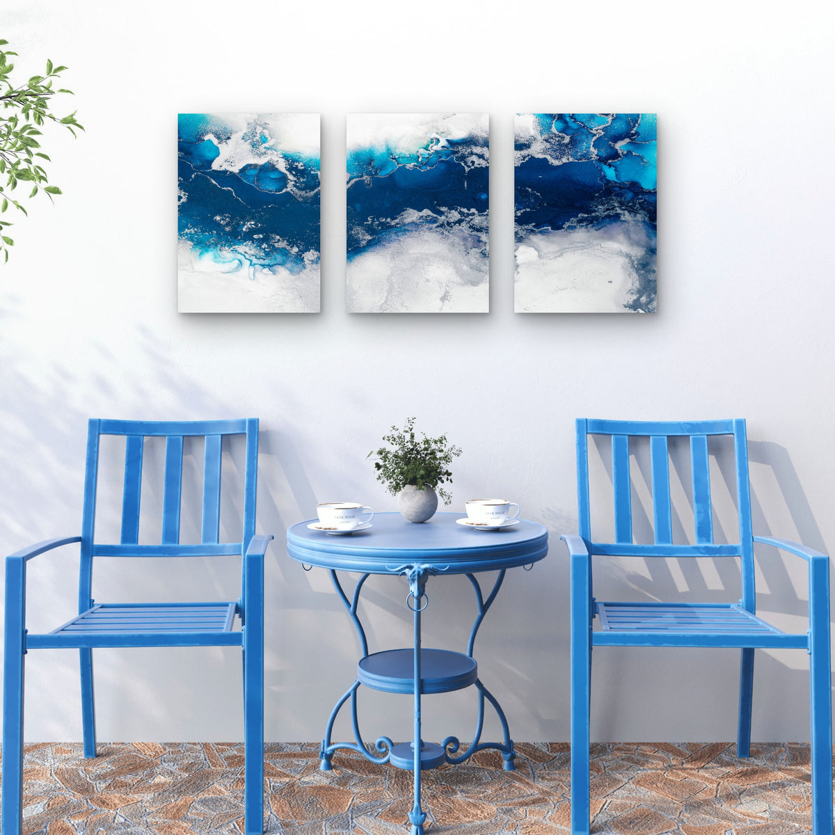 3pcs Modern Abstract Blue Ocean Silver Ink Wall Art Set Canvas Framed 60x90cm - High Quality Print 100% Australian Made Wall Canvas Ready to Hang