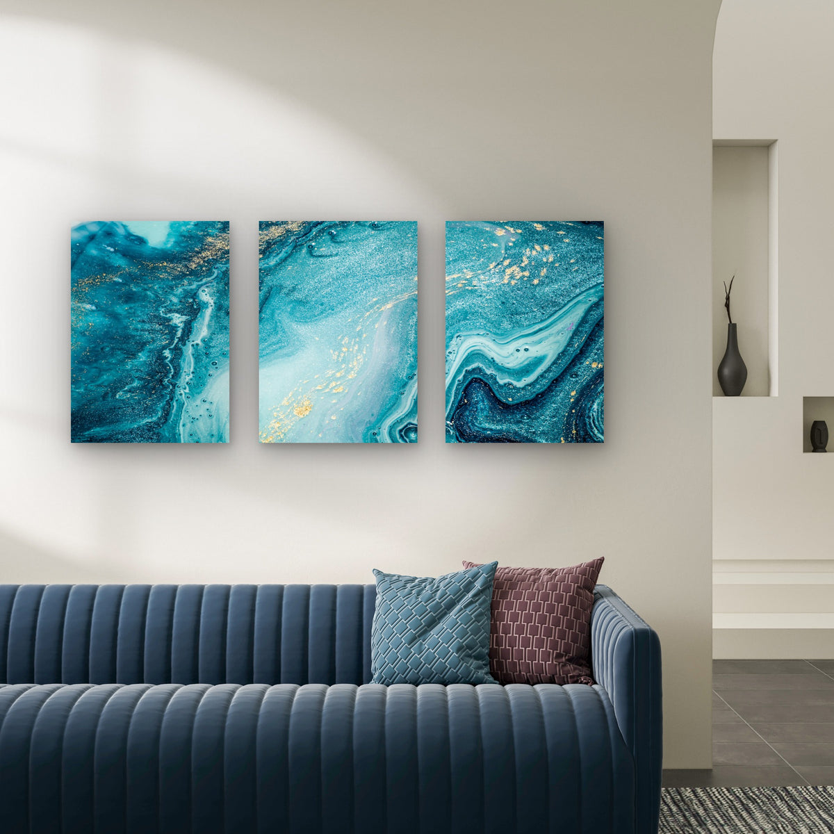 3pcs Gold Glitter Turquoise Agate Ocean Wave Wall Art Set Canvas Framed 40x60cm - High Quality Print 100% Australian Made Wall Canvas Ready to Hang