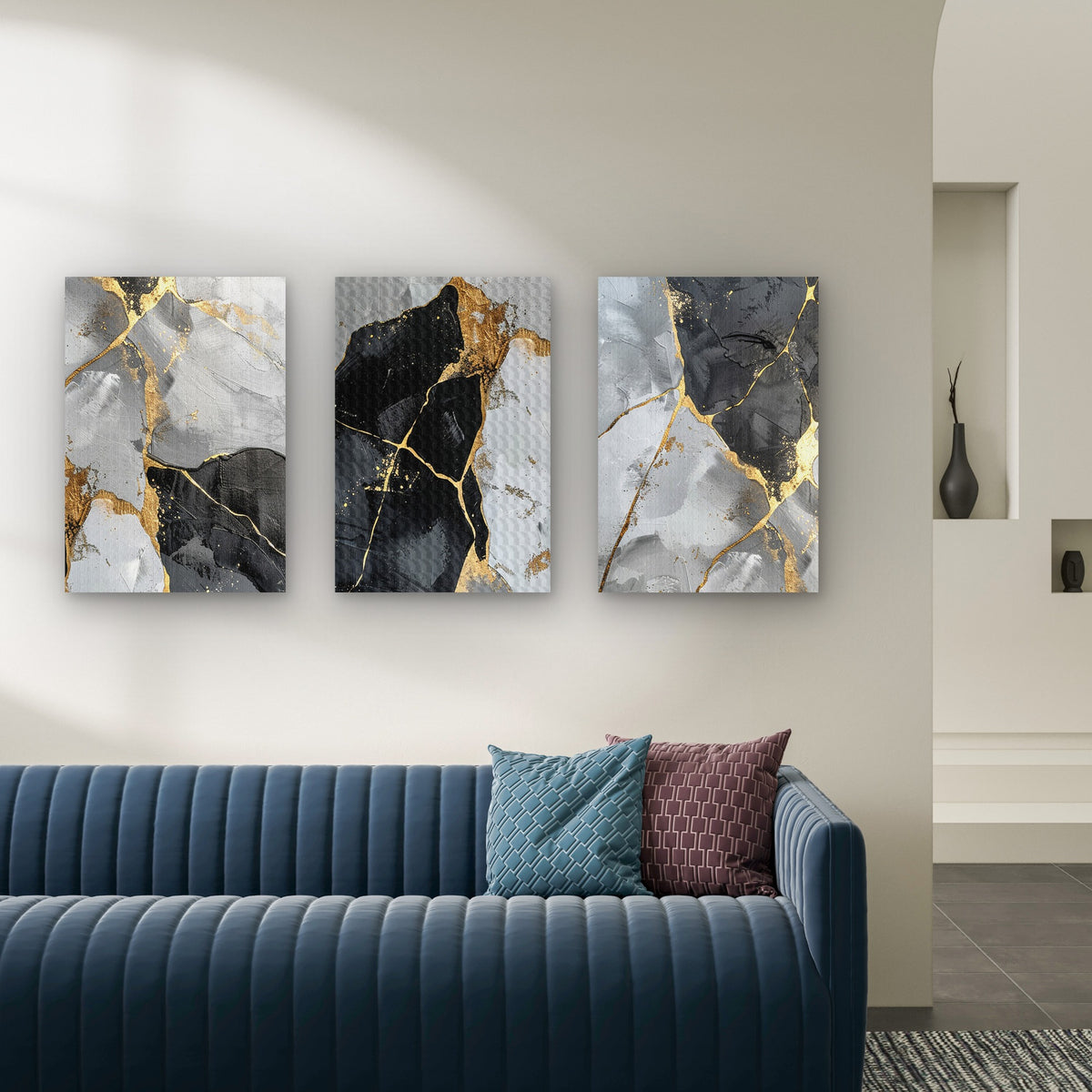 3pcs Metallic Gold Leaf Dark Gray Painting Wall Art Set Canvas Framed 60x90cm - High Quality Print 100% Australian Made Wall Canvas Ready to Hang
