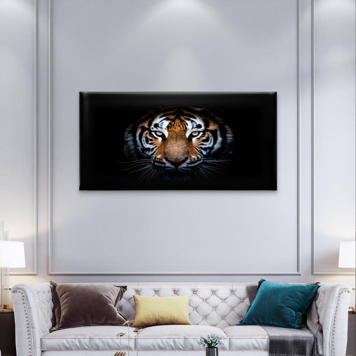 Bengal Tiger Head Animal Face Eyes Wall Art Canvas Office Home Framed 120x60cm