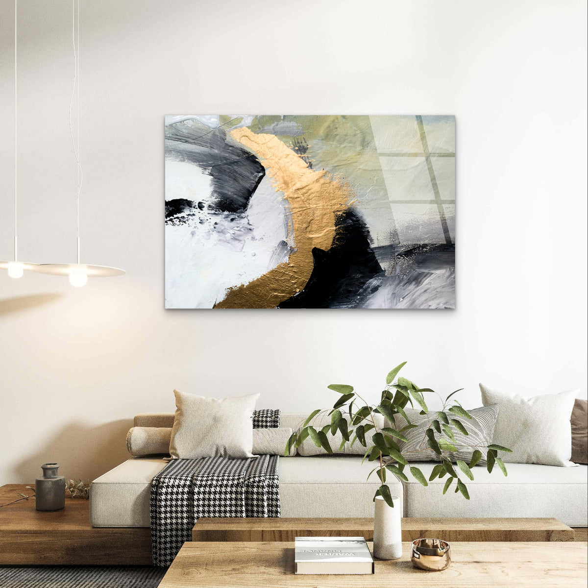 Abstract Black Gold Foil Leaf Acrylic Glass Printing Wall Art Australian Made Quality
