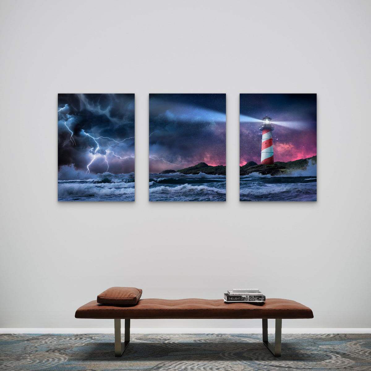 3pcs Lighthouse Sea Storm Lightning Painting Wall Art Set Canvas Framed 50x70cm - High Quality Print 100% Australian Made Wall Canvas Ready to Hang