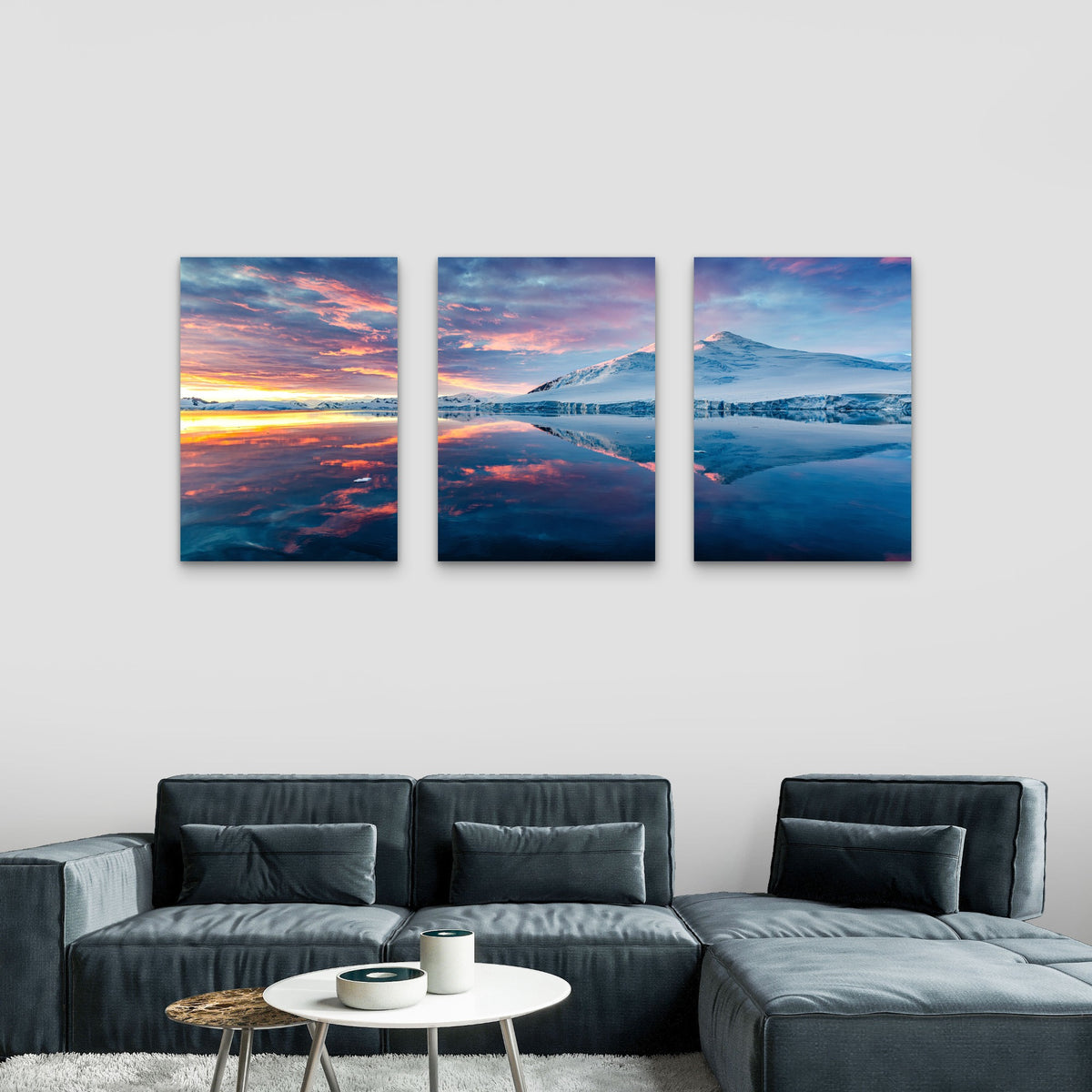 3pcs Arctic Snowy Mountains Sunset Landscape Wall Art Set Canvas Framed 50x70cm - High Quality Print 100% Australian Made Wall Canvas Ready to Hang