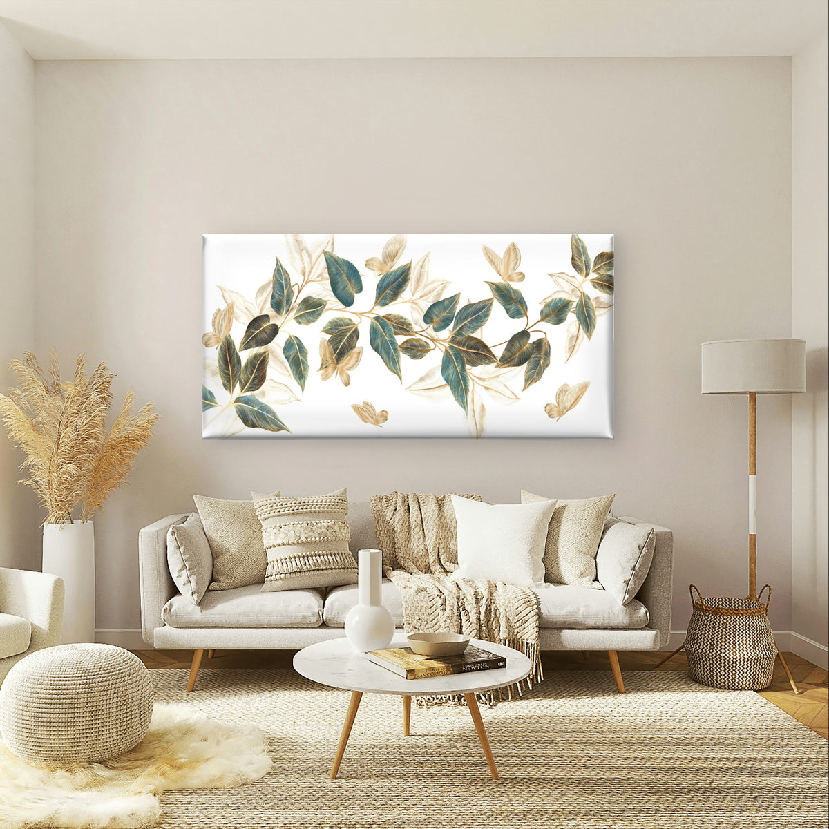 Gold Green Leaf Butterfly Vine Wall Art Canvas Office Home Framed 120x60cm