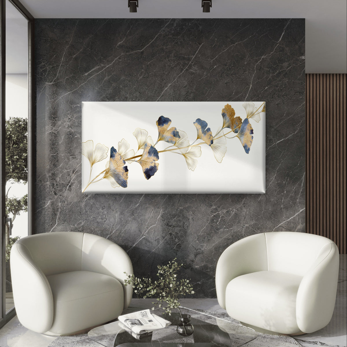 Gold Navy Ginkgo Biloba Leaf Wall Art Canvas Office Home Framed 120x60cm