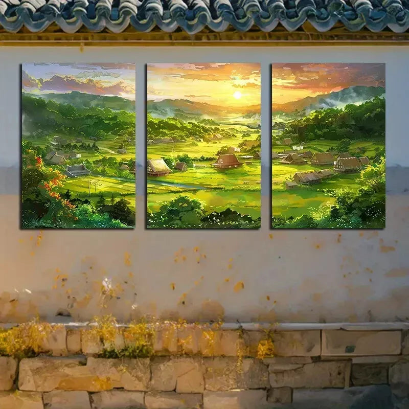 3pcs Art Of A Quaint Paddy Farm Under A Sunset Wall Art Set Canvas Framed 50x70cm - High Quality Print 100% Australian Made Wall Canvas Ready to Hang - Bella Home Decor