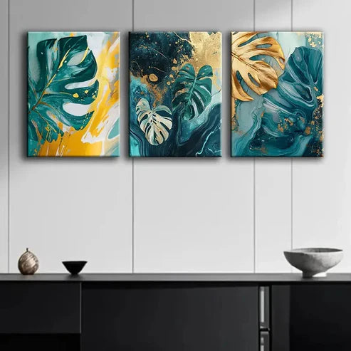 3pcs Colorful Teal and Golden Leaf Perfect Wall Art Set Canvas Unframed - High Quality Print 100% Australian Made Wall Canvas
