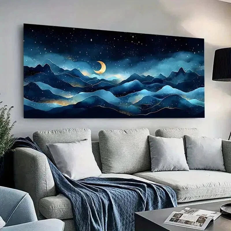 Night Sky Gold Starry Moon wall canvas office home room framed 120x60cm - Bella Home Decor