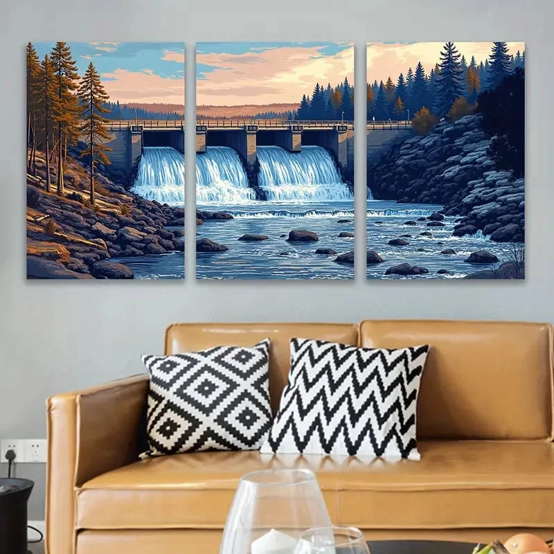 3pcs Waterfall Sunset And Autumn Forest Scene Wall Art Set Canvas Framed 60x90cm - High Quality Print 100% Australian Made Wall Canvas Ready to Hang