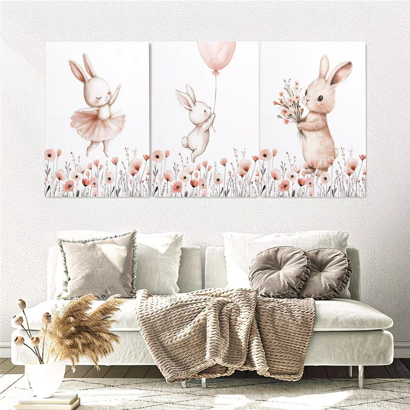 3pcs Pink Bunny with Wildflowers Wall Art Set Canvas Framed 60x90cm – High Quality Print, 100% Australian Made Wall Canvas, Ready to Hang