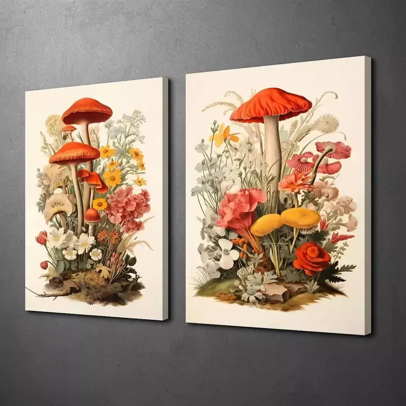 2pcs Realism, Retro Mushroom Art, Floral Plants Canvas Framed 50x75cm - High Quality Print 100% Australian Made Wall Canvas Ready to Hang