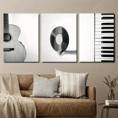 3pcs Black and White Guitar Vinyl Record & Piano Wall Art Set Canvas Unframed - High Quality Print 100% Australian Made Wall Canvas