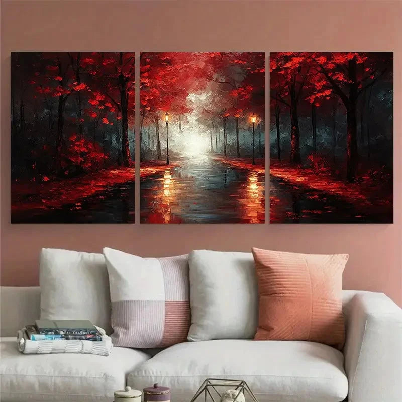 3pcs Night Street Walk with lamps Illustration Wall Art Set Canvas Framed 40x60cm - High Quality Print 100% Australian Made Wall Canvas Ready to Hang