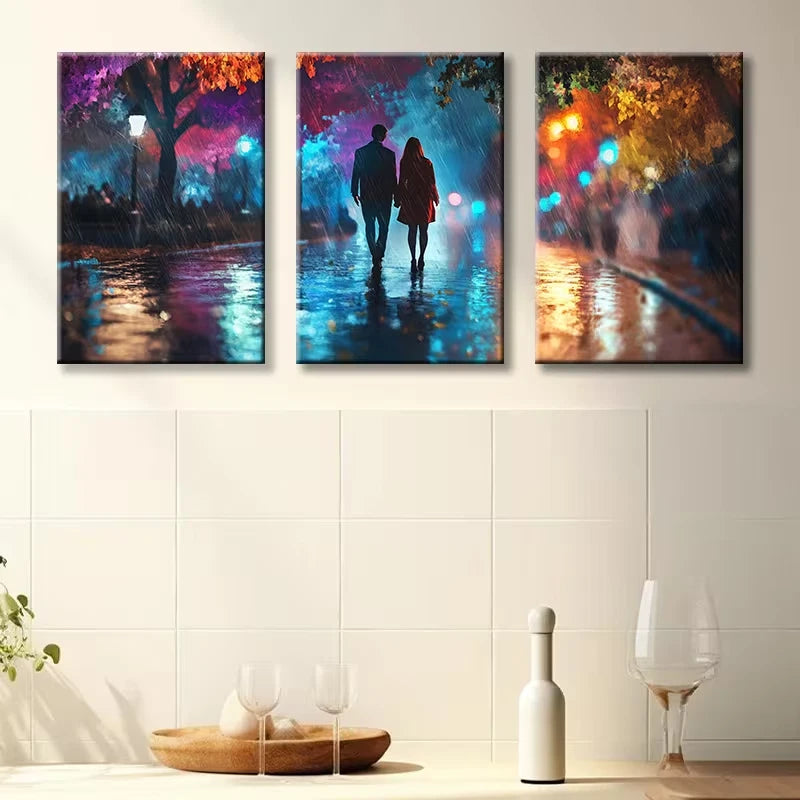 3pcs Lovers taking a walk in Vibrant Street Wall Art Set Canvas Framed 60x90cm - High Quality Print 100% Australian Made Wall Canvas Ready to Hang