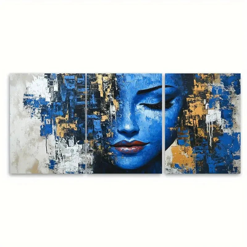 3pcs Modern Figurative Woman Face in Blue Klimt Wall Art Set Canvas Framed 40x60cm - High Quality Print 100% Australian Made Wall Canvas Ready to Hang