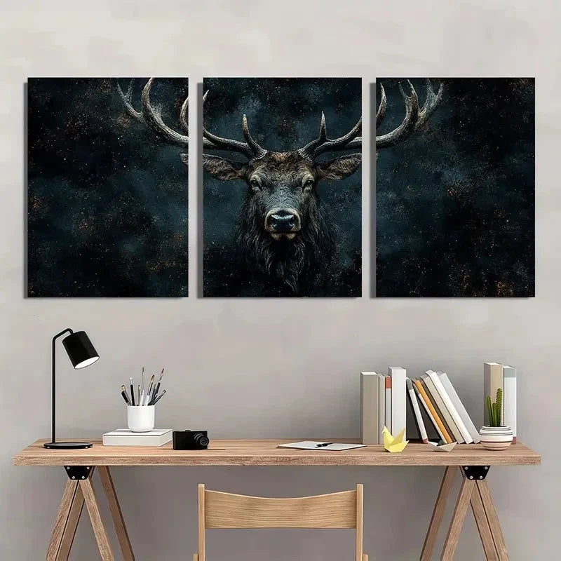 3pcs Buck Wildness Black Dark Themed Wall Art Set Canvas Framed 50x70cm - High Quality Print 100% Australian Made Wall Canvas Ready to Hang