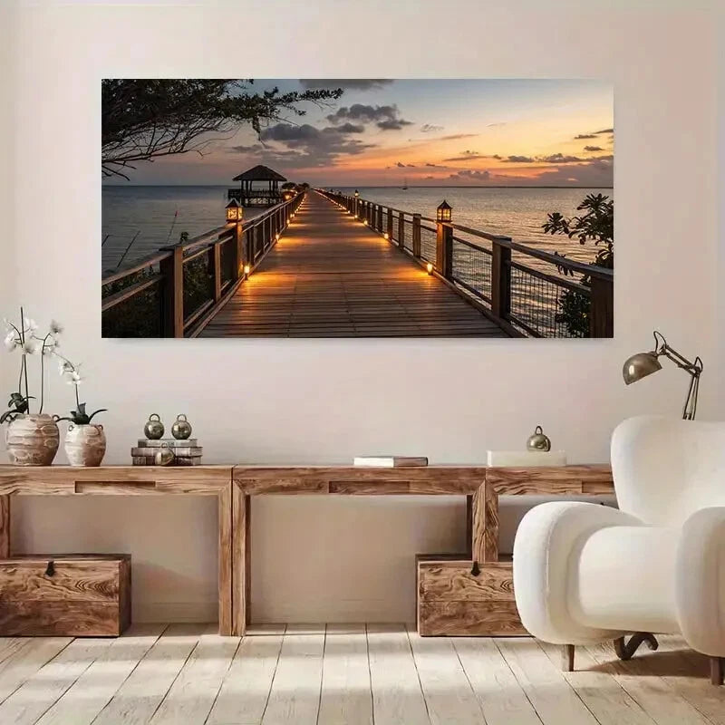 Sunset wooden Pier Lake wall canvas office home room framed 120x60cm - Bella Home Decor