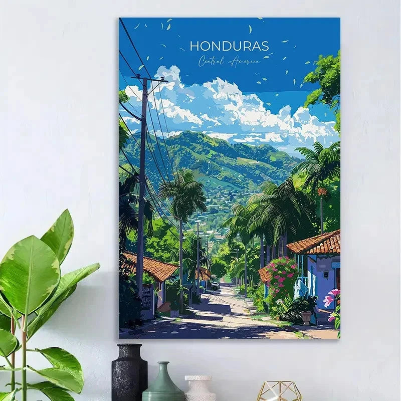Honduras Landscape Palm Trees & Mountains Travel Poster Print Wall Art