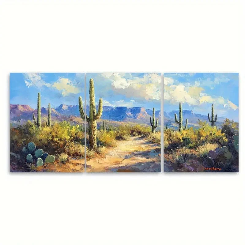 3pcs Saguaro Cactus Landscape Impasto Design Wall Art Set Canvas Framed 50x70cm - High Quality Print 100% Australian Made Wall Canvas Ready to Hang