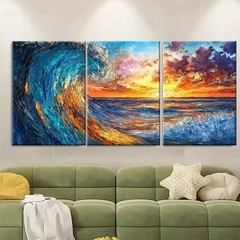 3pcs Vibrant Abstract Blue Ocean Wave Metal Print Ready to Hang Art