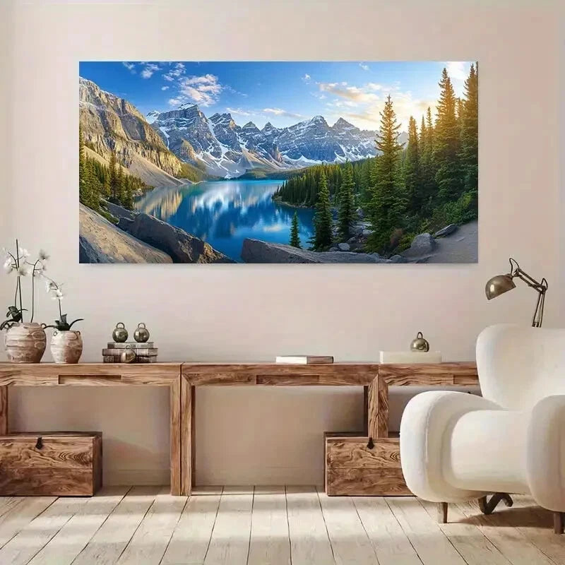 Sunlit Mountain and Lake wall canvas office home room framed 120x60cm - Bella Home Decor