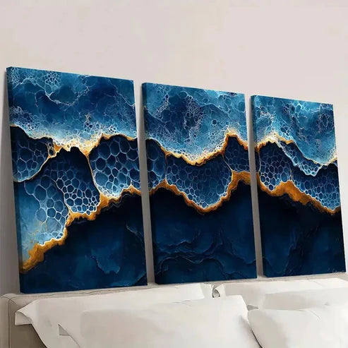 3pcs Shades of Indigo & Honeycomb Design Q Canvas Print Flower F Wall Art Set Canvas Unframed - High Quality Print 100% Australian Made Wall Canvas - Bella Home Decor