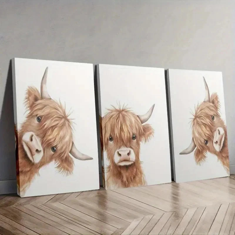3pcs Cute Animal Highland Cow Wall Art Set Canvas Framed 50x70cm - High Quality Print 100% Australian Made Wall Canvas Ready to Hang
