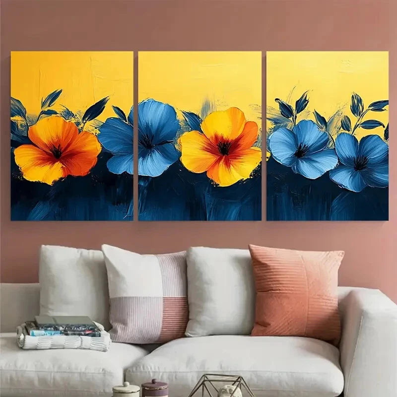 3pcs Neon Yellow Blue Abstract Floral Pattern Metal Print Ready to Hang Art