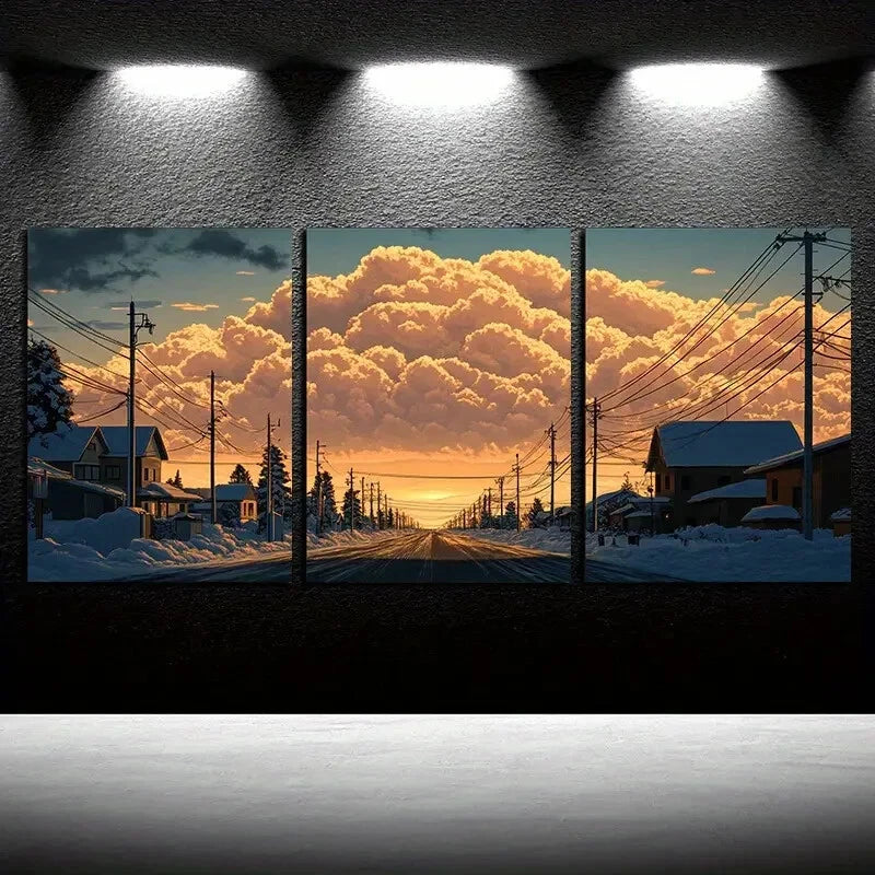 3pcs Scenic Village Winter Sunset Landscape Metal Print Ready to Hang Art