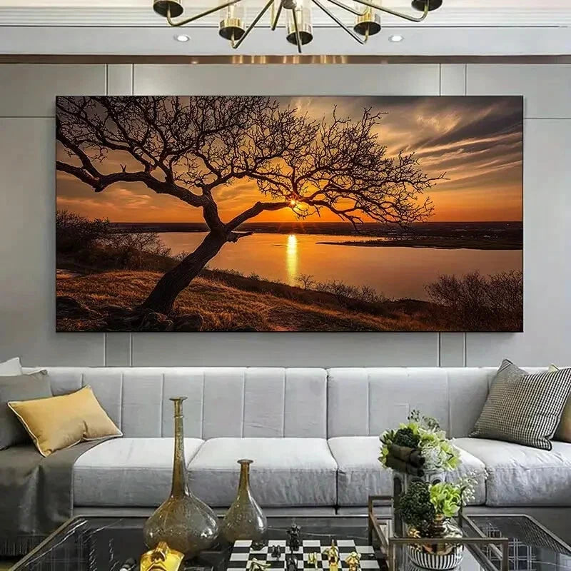 Modern Sunset Serene River wall canvas office home room framed 120x60cm