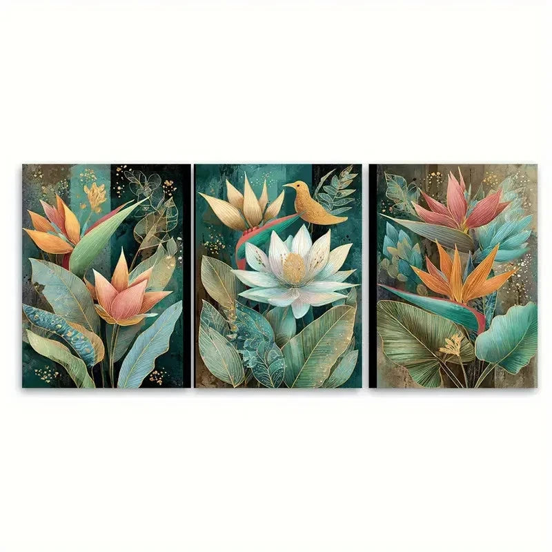 3pcs Angel Falls Venezuela Vintage Floral Wall Art Set Canvas Framed 60x90cm - High Quality Print 100% Australian Made Wall Canvas Ready to Hang