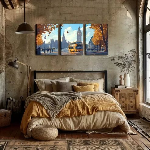 3pcs Autumn Romance, London Street Wall Art Canvas Unframed - High Quality Print 100% Australian Made Wall Canvas