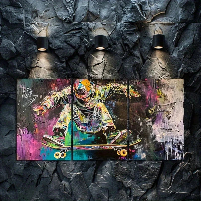 3pcs Skateboard & Graffiti Illustration Metal Print Ready to Hang Art
