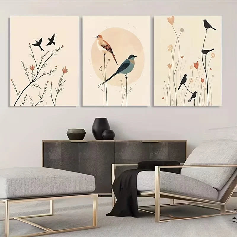 3pcs Three Minimalist Boho Birds Art Panels Wall Art Set Canvas Framed 50x70cm - High Quality Print 100% Australian Made Wall Canvas Ready to Hang