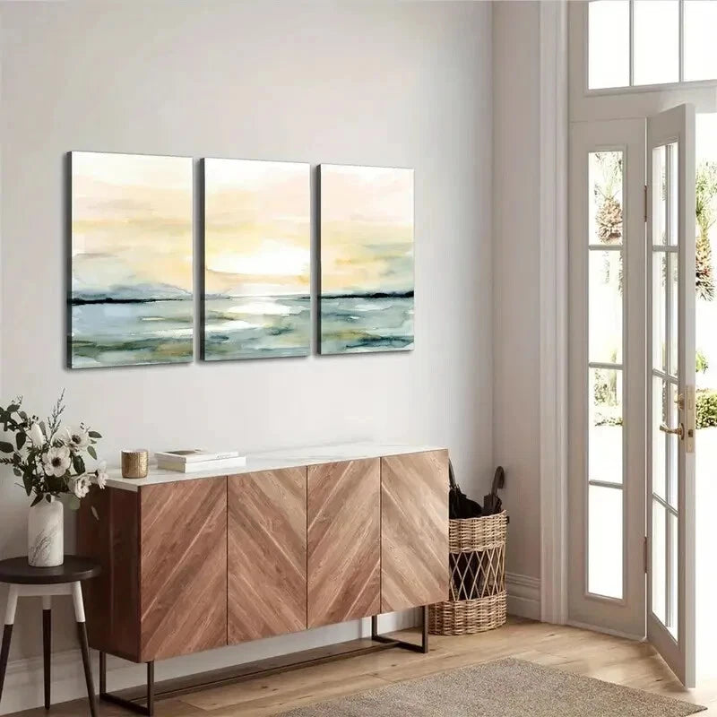 3pcs Sunrise Sunset Beach Ocean Abstract Wall Art Set Canvas Framed 50x70cm - High Quality Print 100% Australian Made Wall Canvas Ready to Hang