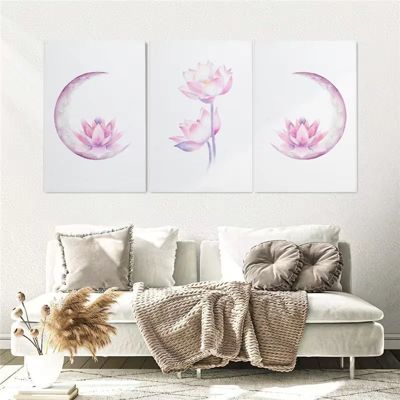 3pcs Lotus Flower Boho Moon Watercolor Painting Wall Art Set Canvas Framed 60x90cm - High Quality Print 100% Australian Made Wall Canvas Ready to Hang