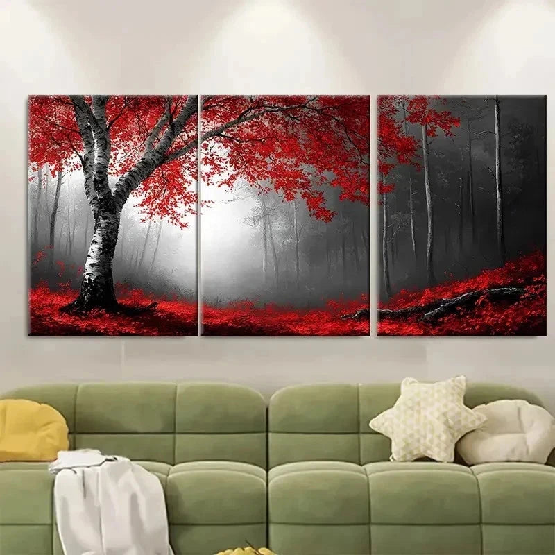 3pcs Birch Tree Forest Red Leaves Abstract R Wall Art Set Canvas Framed 60x90cm - High Quality Print 100% Australian Made Wall Canvas Ready to Hang