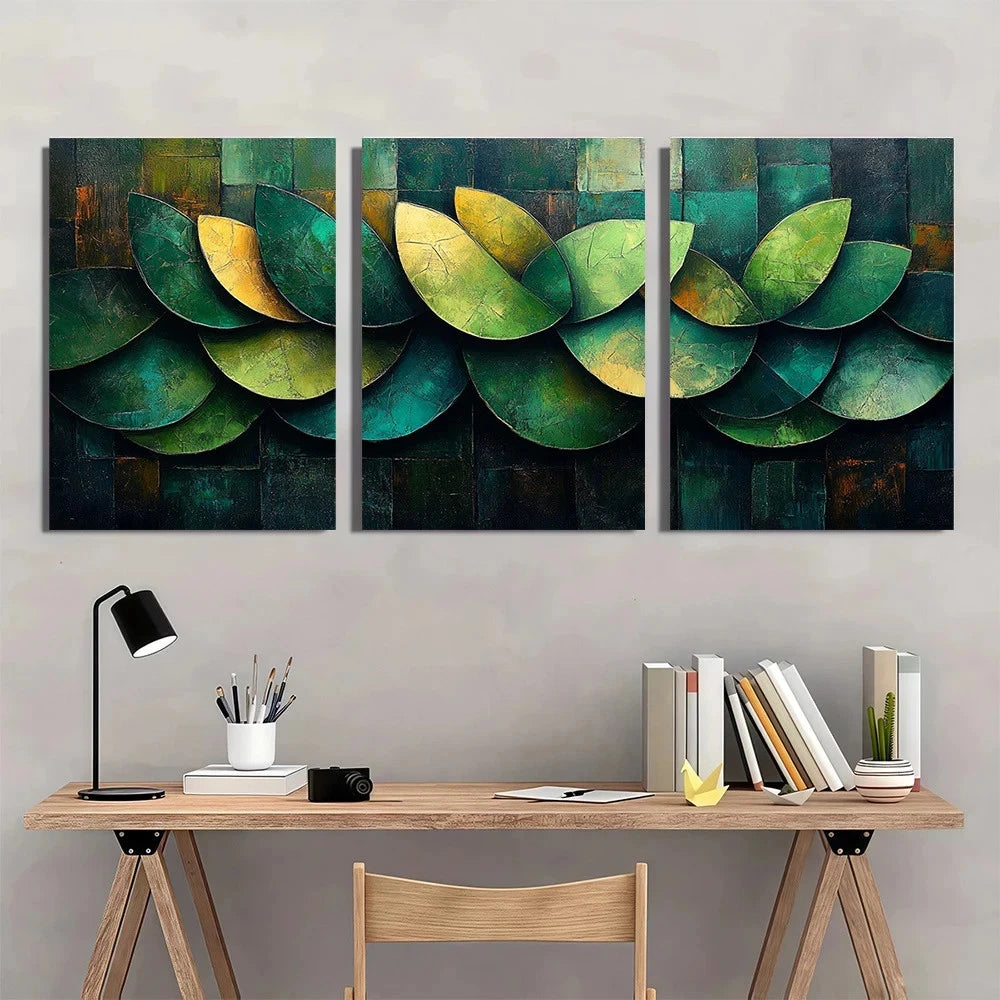 3pcs Vintage Abstract Green Leaves Themed Wall Art Set Canvas Framed 40x60cm - High Quality Print 100% Australian Made Wall Canvas Ready to Hang