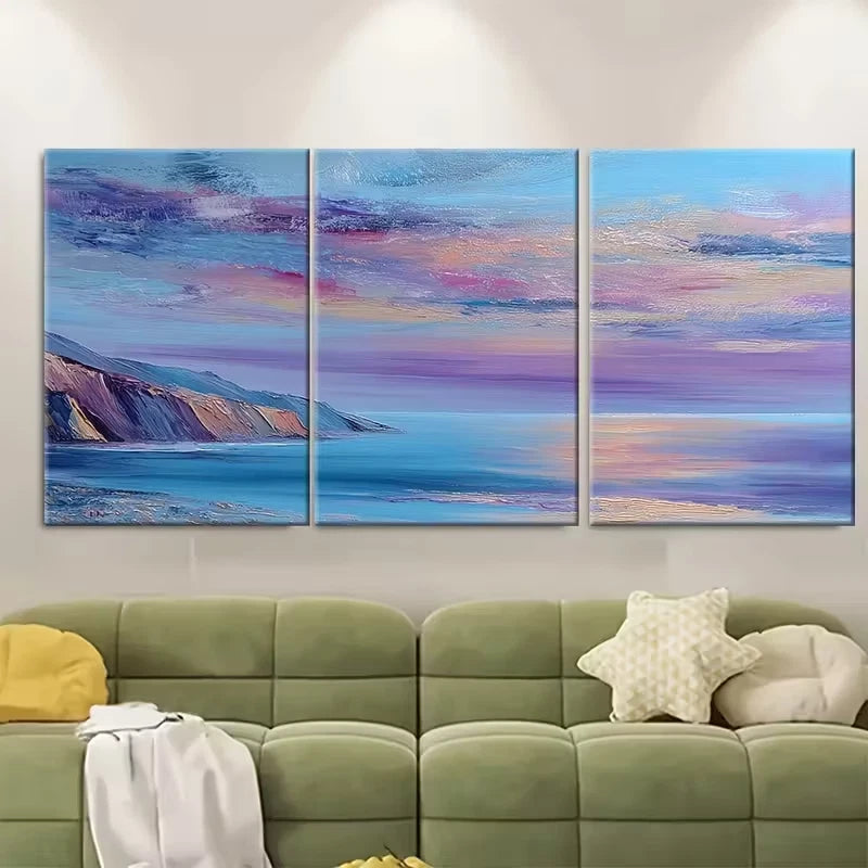 3pcs Tranquil Coastal Sunset Oil Painting Metal Print Ready to Hang Art