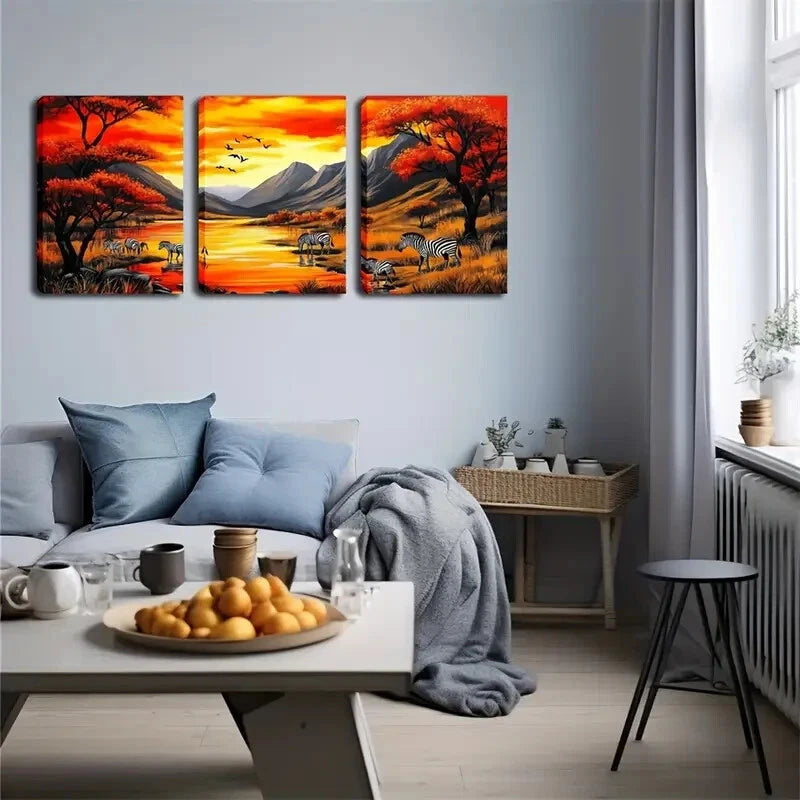 3pcs Zebras Acacia Trees & Mountain Perfect Wall Art Set Canvas Framed 40x60cm - High Quality Print 100% Australian Made Wall Canvas Ready to Hang
