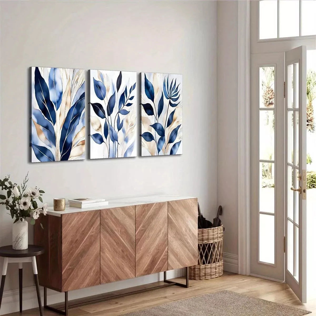 3pcs Botanical Abstract Elegant Blue Leaves Wall Art Set Canvas Framed 40x60cm - High Quality Print 100% Australian Made Wall Canvas Ready to Hang