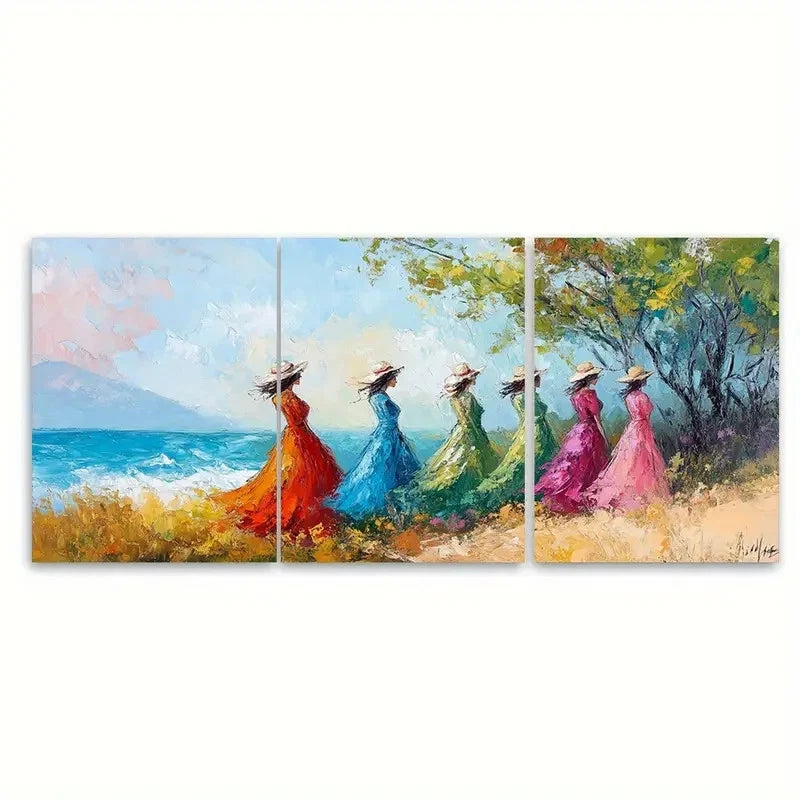 3pcs Ladies Impressionist Painting Landscape Wall Art Set Canvas Framed 50x70cm - High Quality Print 100% Australian Made Wall Canvas Ready to Hang