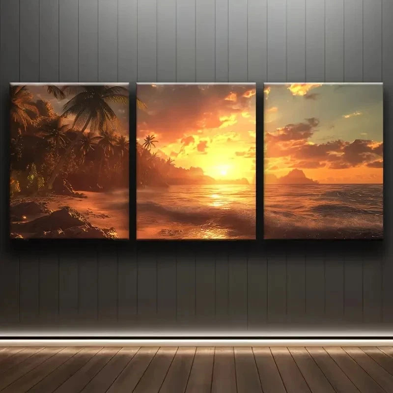 3pcs Sunset Beach Scene Wall Art Set Canvas Framed 50x70cm - High Quality Print 100% Australian Made Wall Canvas Ready to Hang