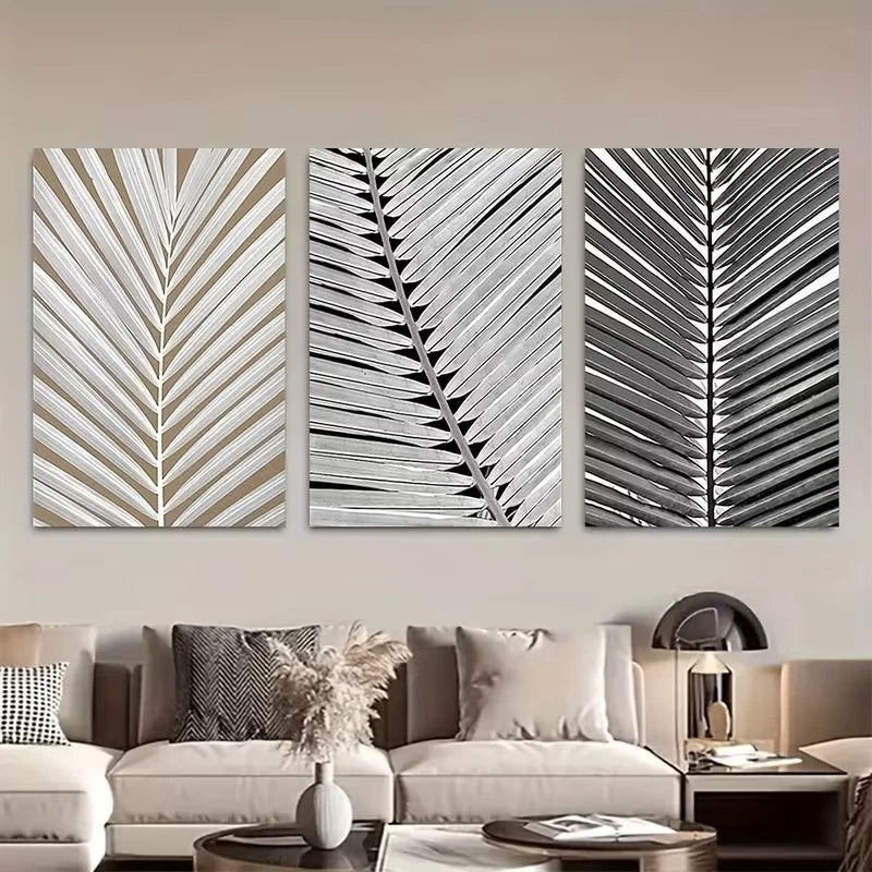 3pcs Black and White Tropical Palm Leaf Wall Art Set Canvas Framed 60x90cm - High Quality Print 100% Australian Made Wall Canvas Ready to Hang