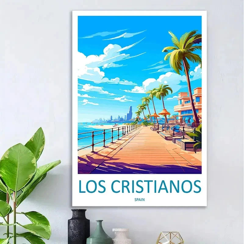 Vintage Los Cristianos Spain Coastal Tropical Travel Poster Print Wall Art