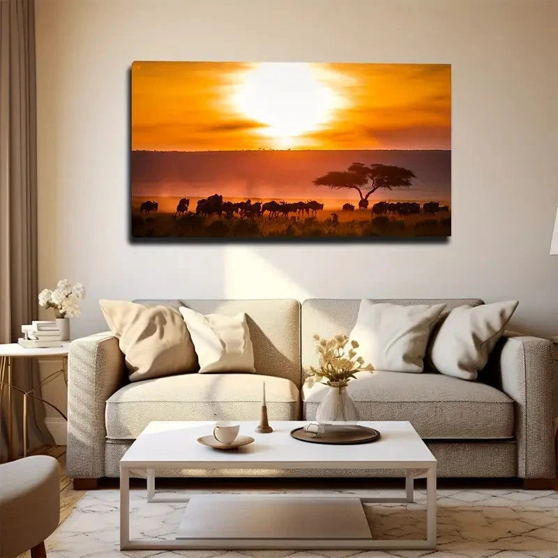 African Savanna Sunset Wall Art Canvas Office Home Room Framed 120x60cm ...