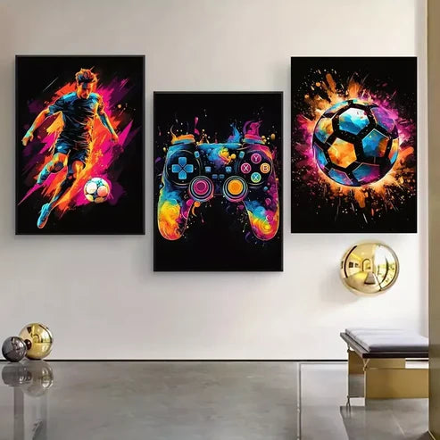 3pcs Abstract Soccer Player Modern Art Canvas Framed 60x90 cm - High Quality Print 100% Australian Made Wall Canvas Ready to Hang