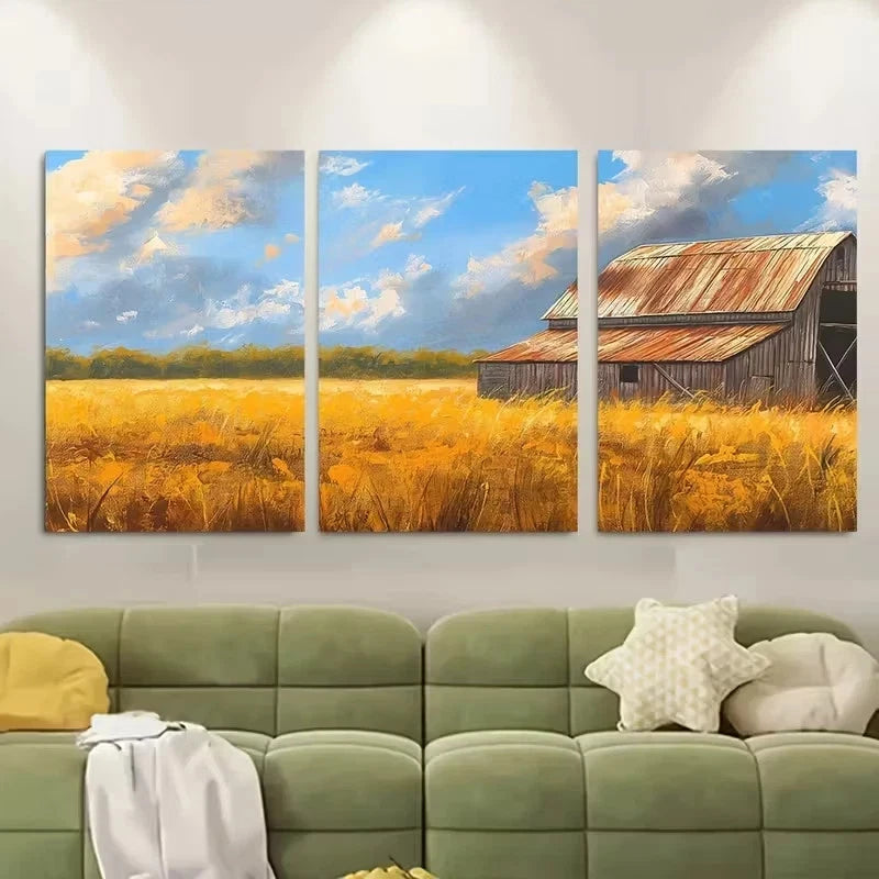 3pcs Wooden Barn & Golden Wheat Field Wall Art Set Canvas Framed 40x60cm - High Quality Print 100% Australian Made Wall Canvas Ready to Hang